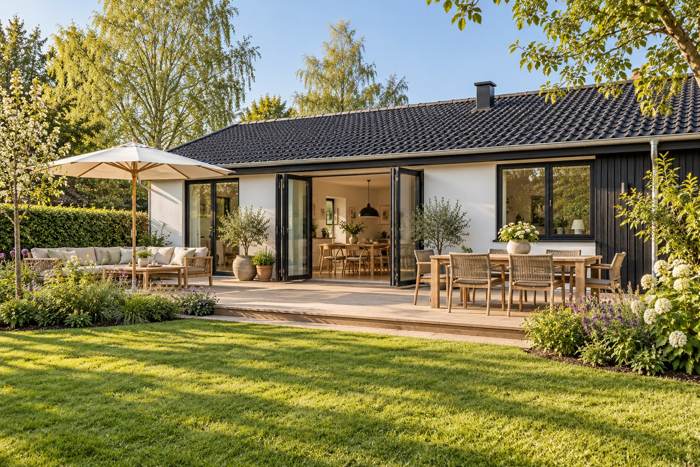 Eksempel på billede fra brochuren: villa med have og terrasse